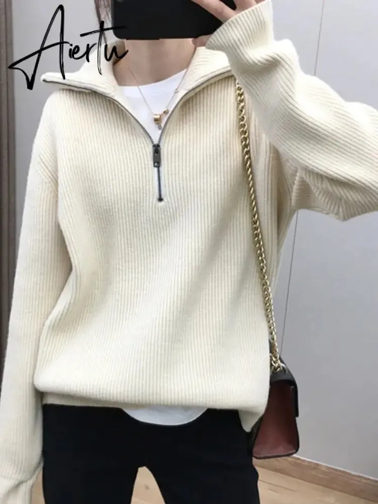 Aiertu Women Sweater Oversize Zipper Knitted Pullover Long Sleeve Solid Color Loose Ladies Sweaters Autumn Winter Women's Turtleneck