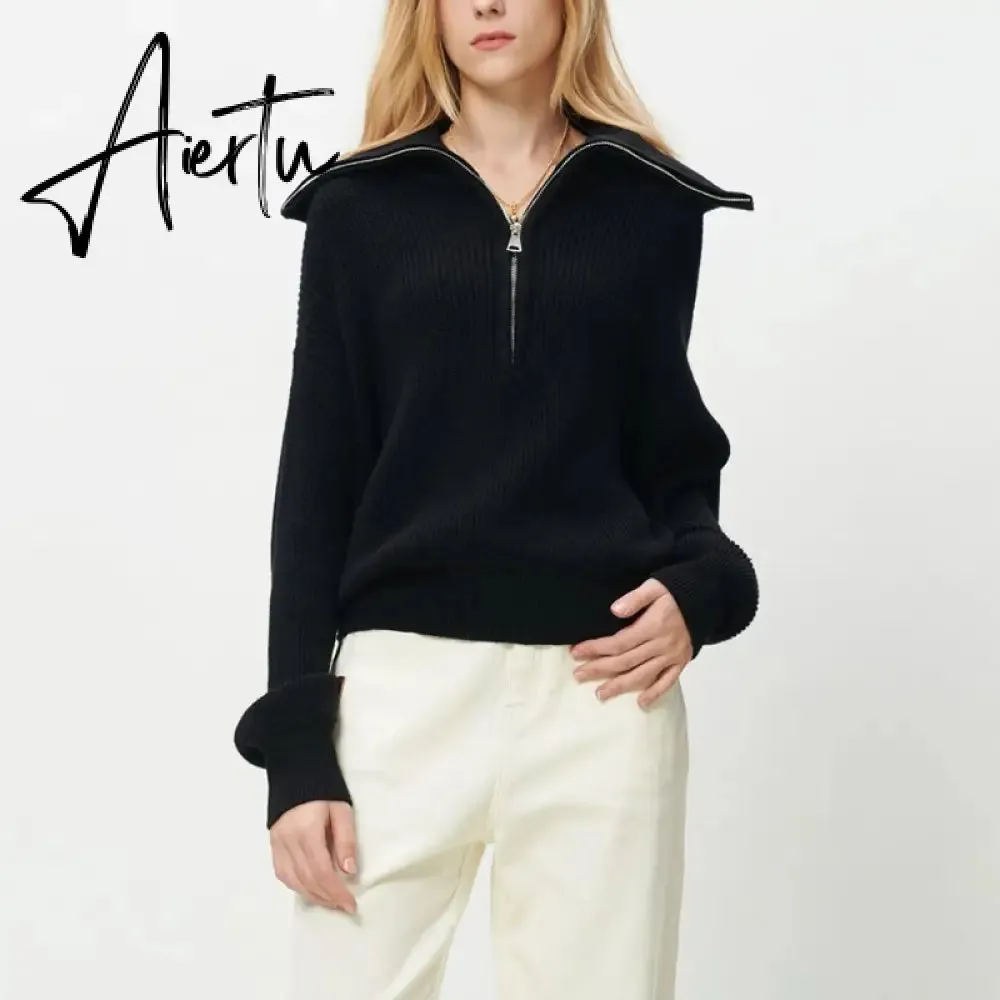 Aiertu Women Sweater Oversize Zipper Knitted Pullover Long Sleeve Solid Color Loose Ladies Sweaters Autumn Winter Women's Turtleneck