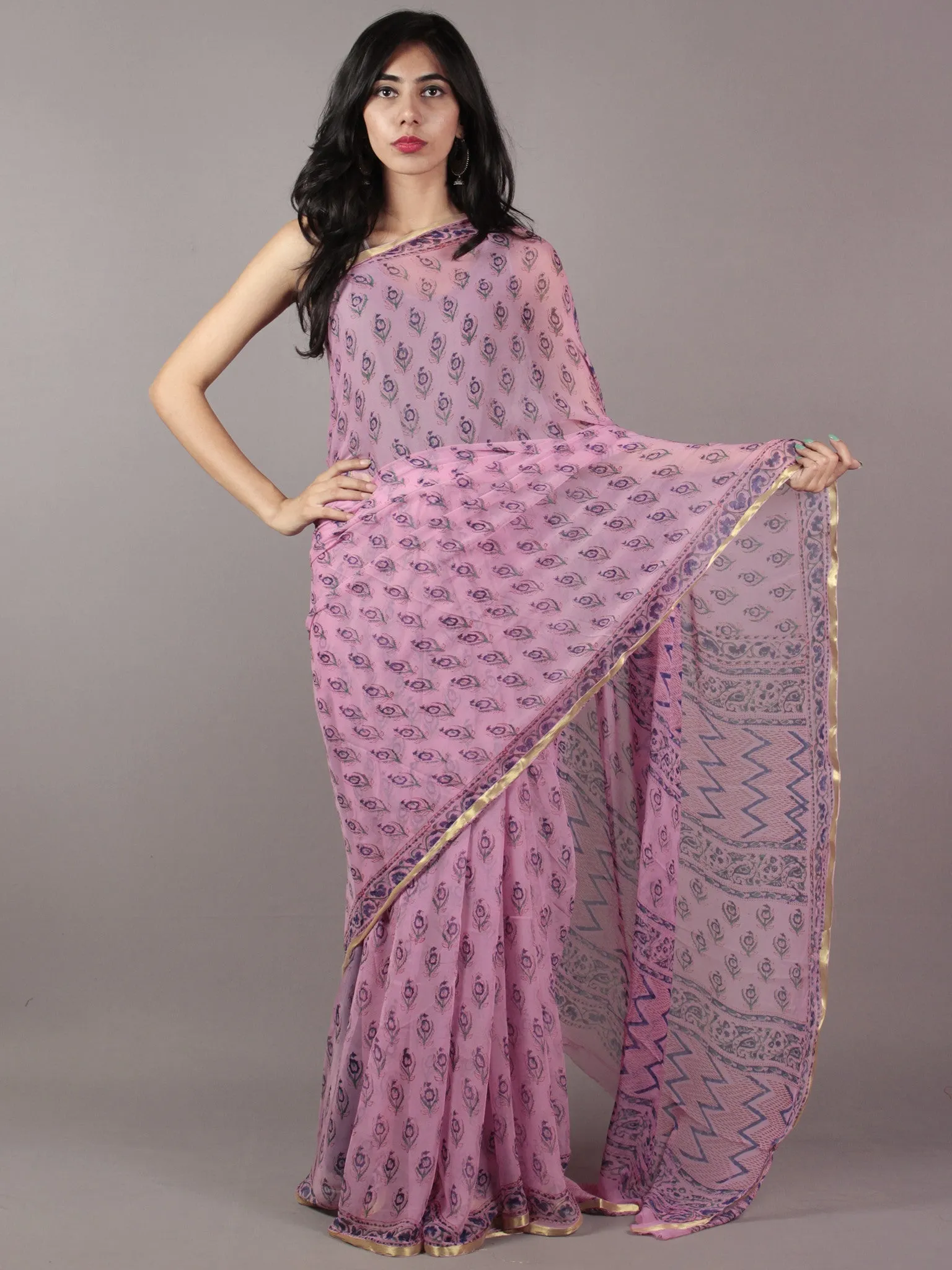 Baby Pink Purple Green Hand Block Printed Chiffon Saree - S031701868