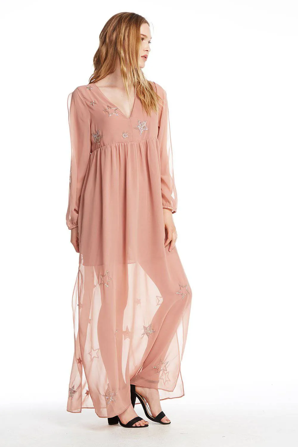 BEADED STAR L/S V NECK MAXI DRESS