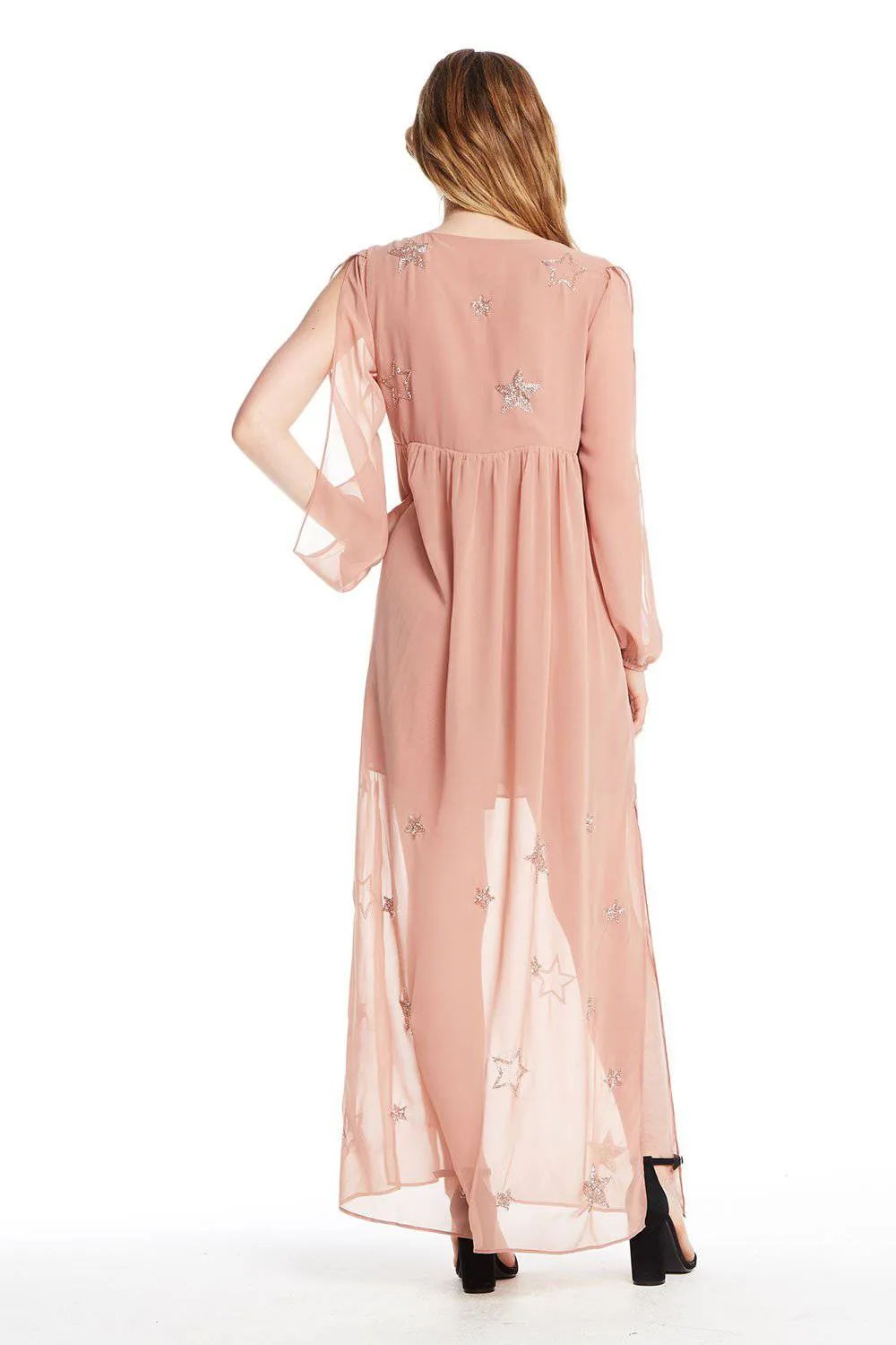 BEADED STAR L/S V NECK MAXI DRESS