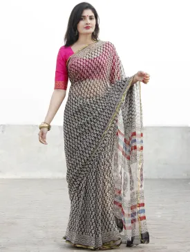 Beige Black Hand Block Printed Chiffon Saree With Zari Border- S031702573