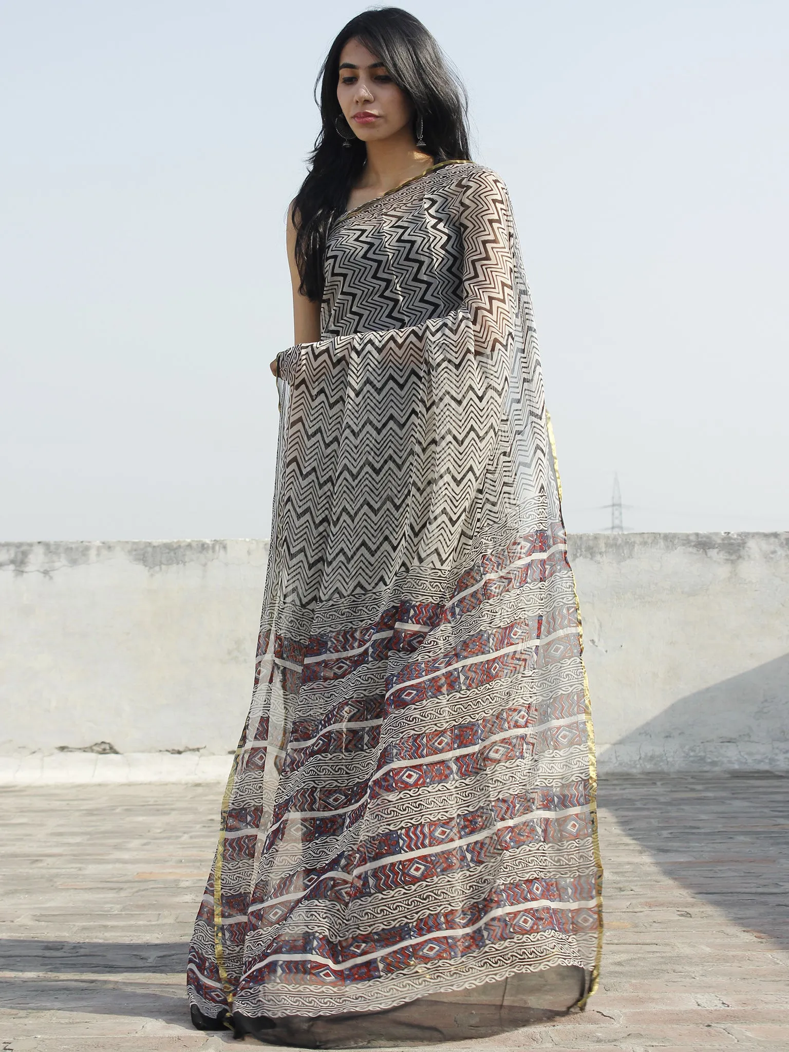 Beige Black Maroon Hand Block Printed Chiffon Saree - S031702329