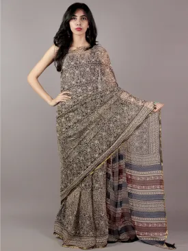 Beige Black Red and BlueHand Block Printed Chiffon Saree - S031701849