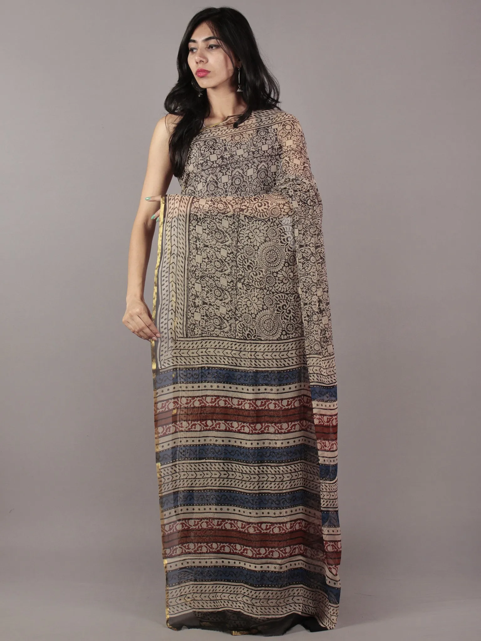 Beige Black Red and BlueHand Block Printed Chiffon Saree - S031701849