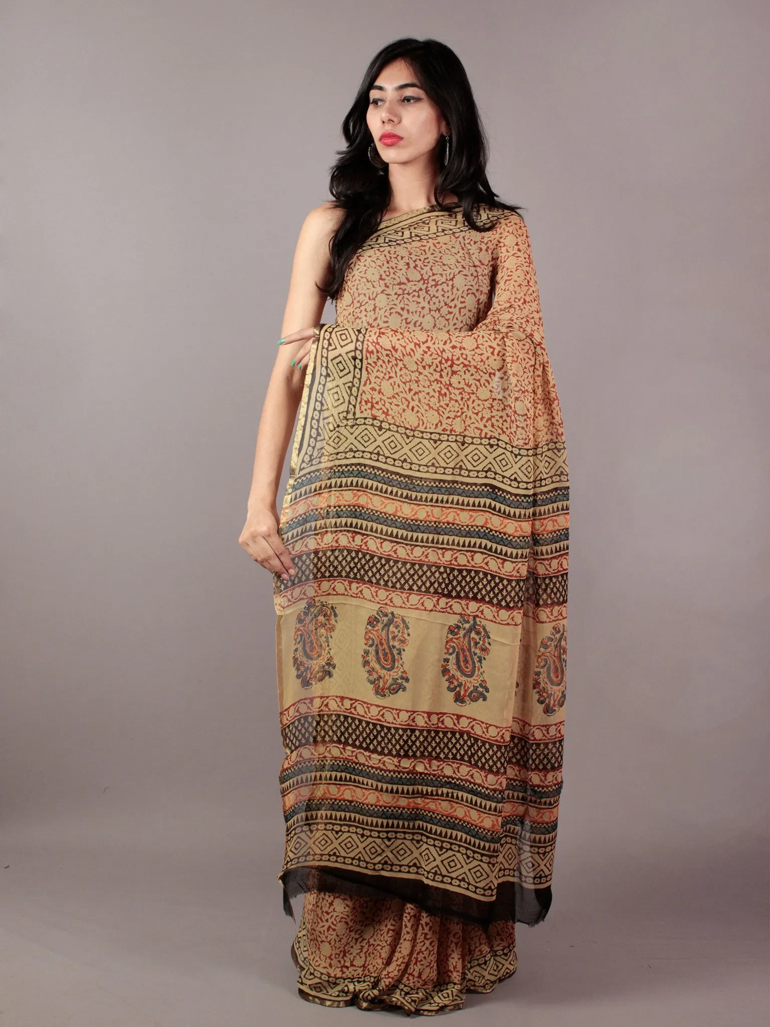 Beige Maroon Black Hand Block Printed Chiffon Saree - S031701842