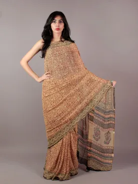 Beige Maroon Black Hand Block Printed Chiffon Saree - S031701842