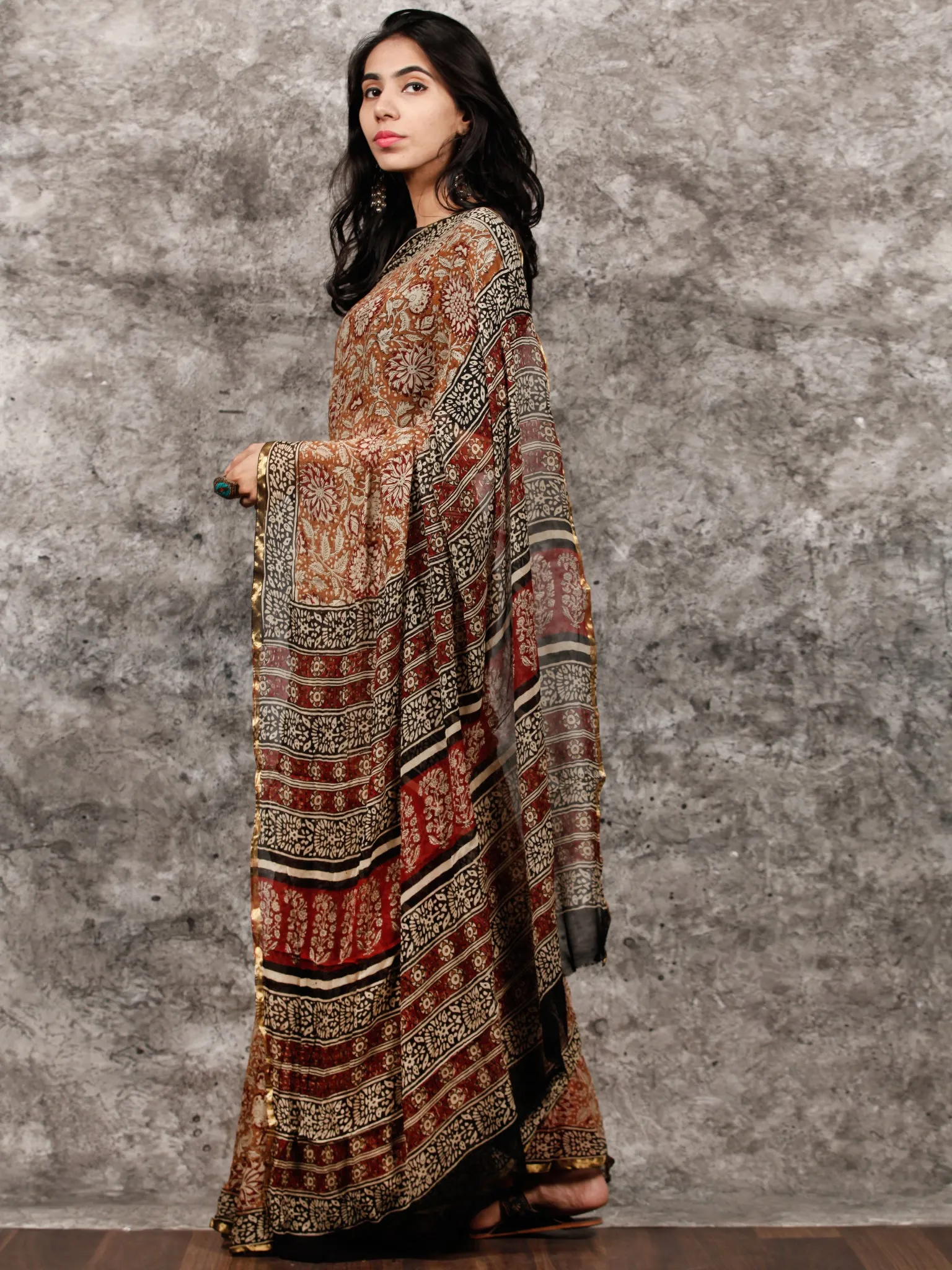 Beige Maroon Black Hand Block Printed Chiffon Saree with Zari Border - S031703496