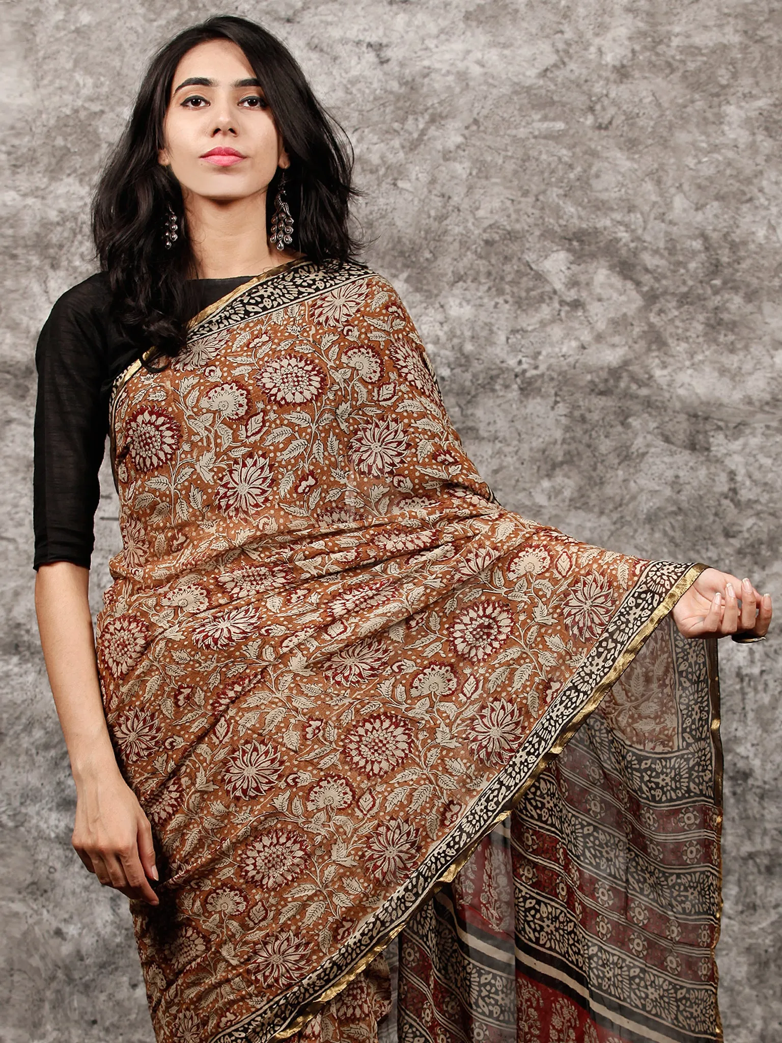 Beige Maroon Black Hand Block Printed Chiffon Saree with Zari Border - S031703496