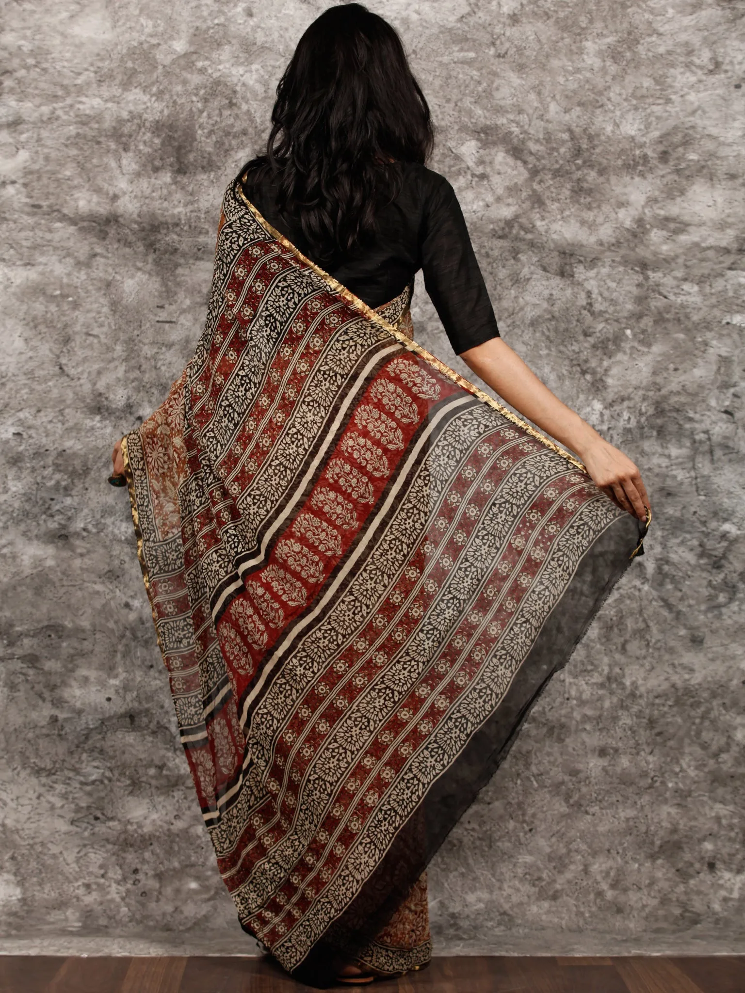 Beige Maroon Black Hand Block Printed Chiffon Saree with Zari Border - S031703496