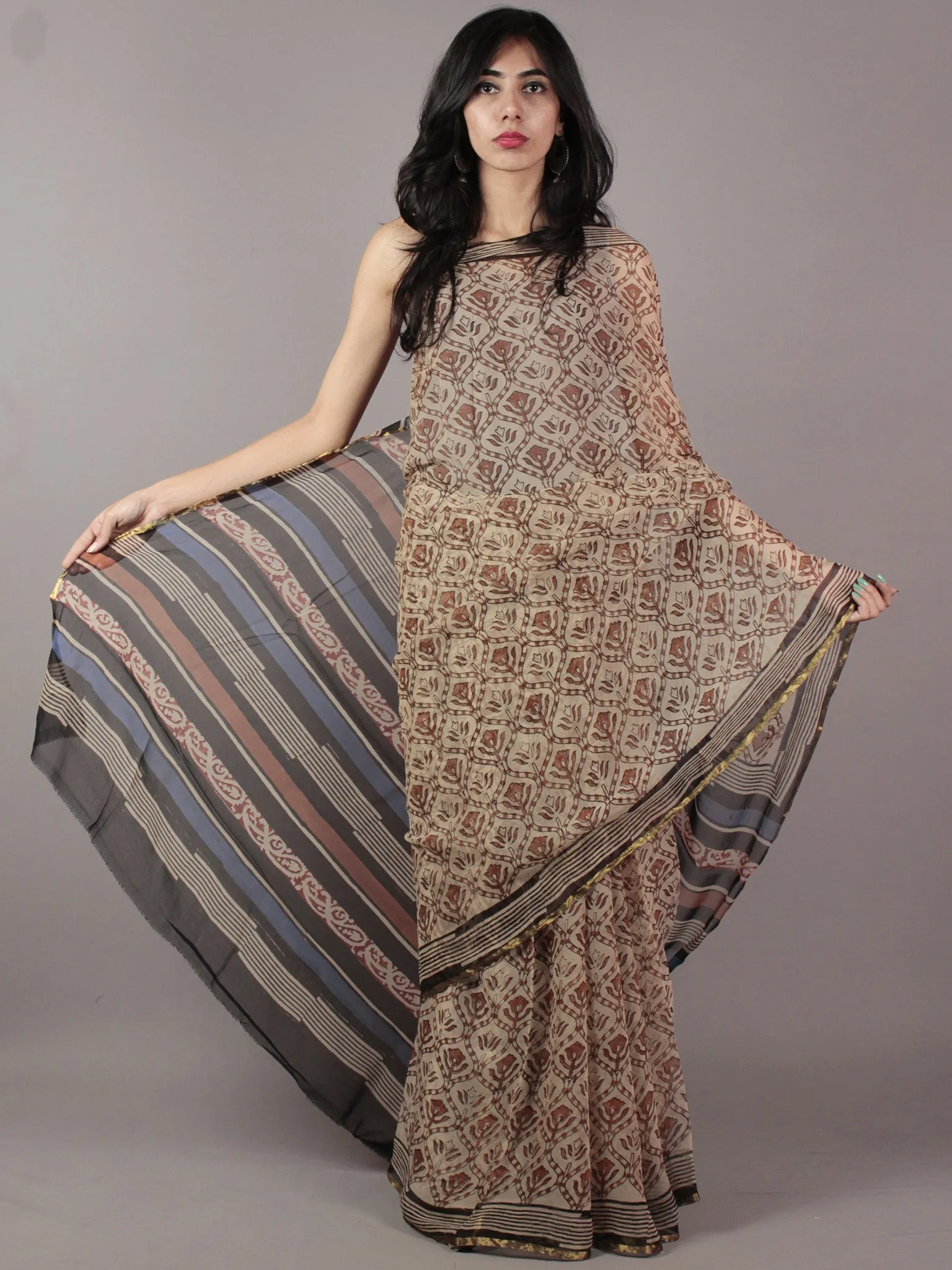 Beige Red Black Blue Hand Block Printed Chiffon Saree - S031701852