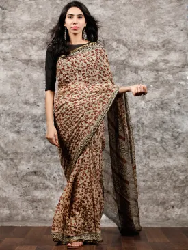 Beige Rust Brown Black Hand Block Printed Chiffon Saree with Zari Border - S031703492