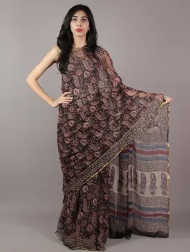 Black Beige Maroon Hand Block Printed Chiffon Saree - S031701808