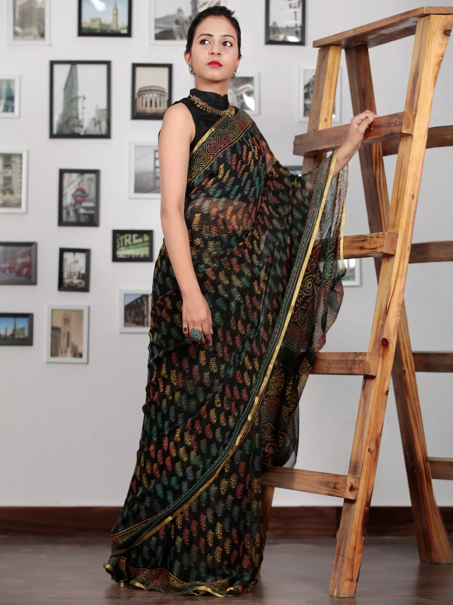 Black Blue Yellow Coral Hand Block Printed Chiffon Saree with Zari Border - S031702770