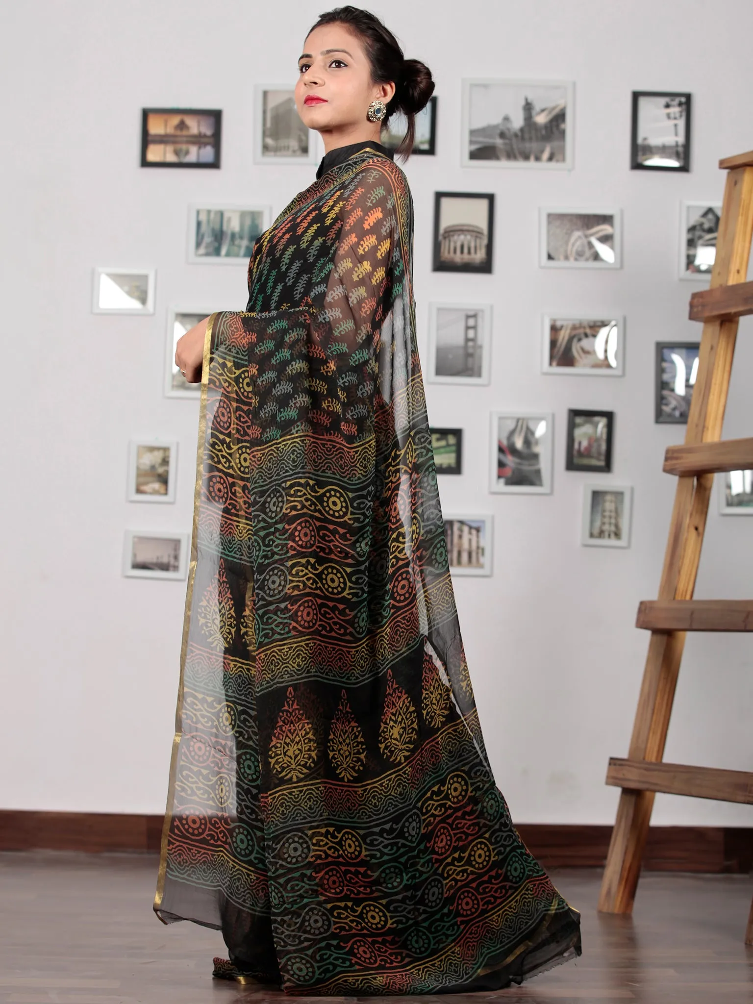 Black Blue Yellow Coral Hand Block Printed Chiffon Saree with Zari Border - S031702770