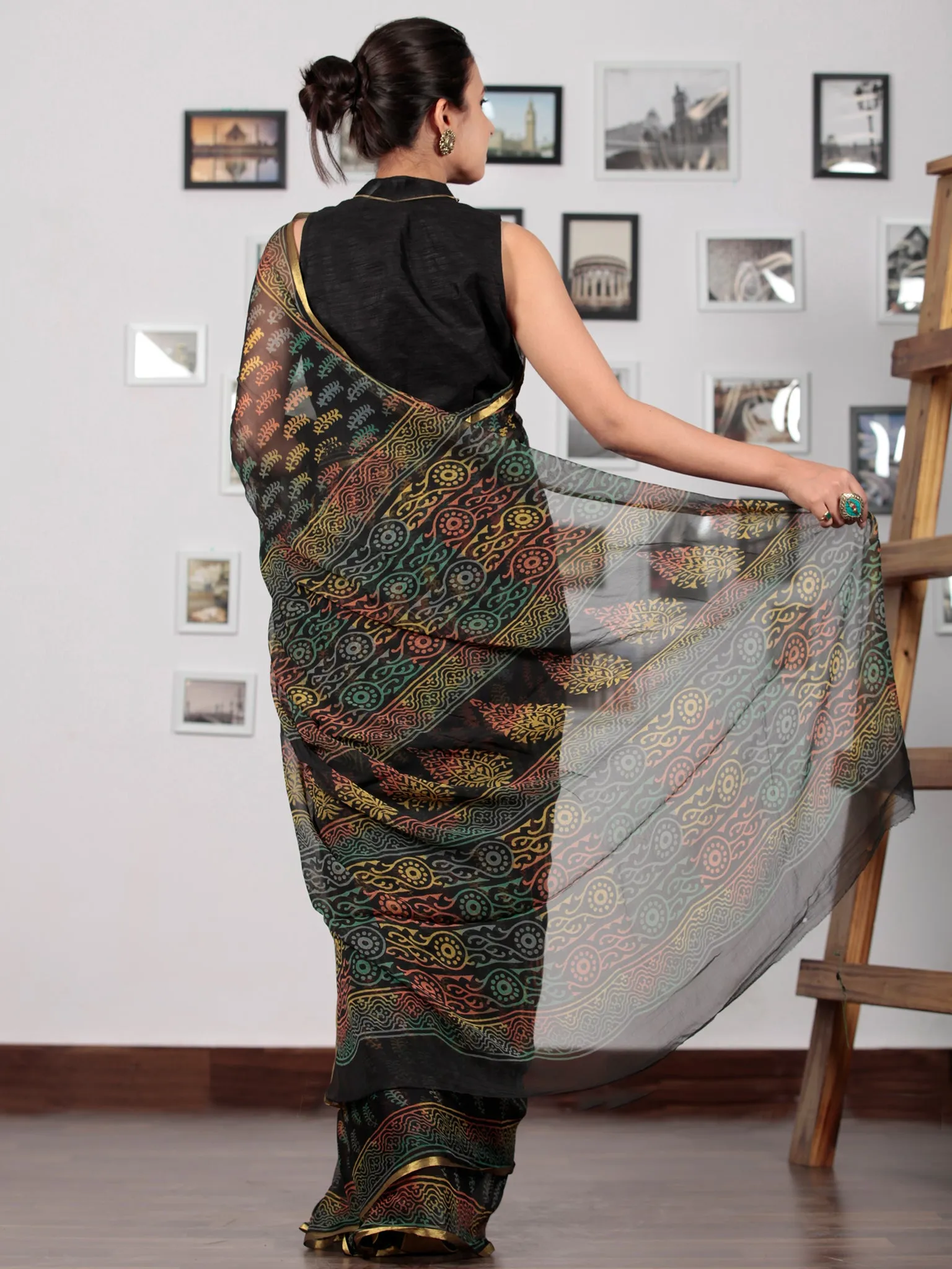 Black Blue Yellow Coral Hand Block Printed Chiffon Saree with Zari Border - S031702770