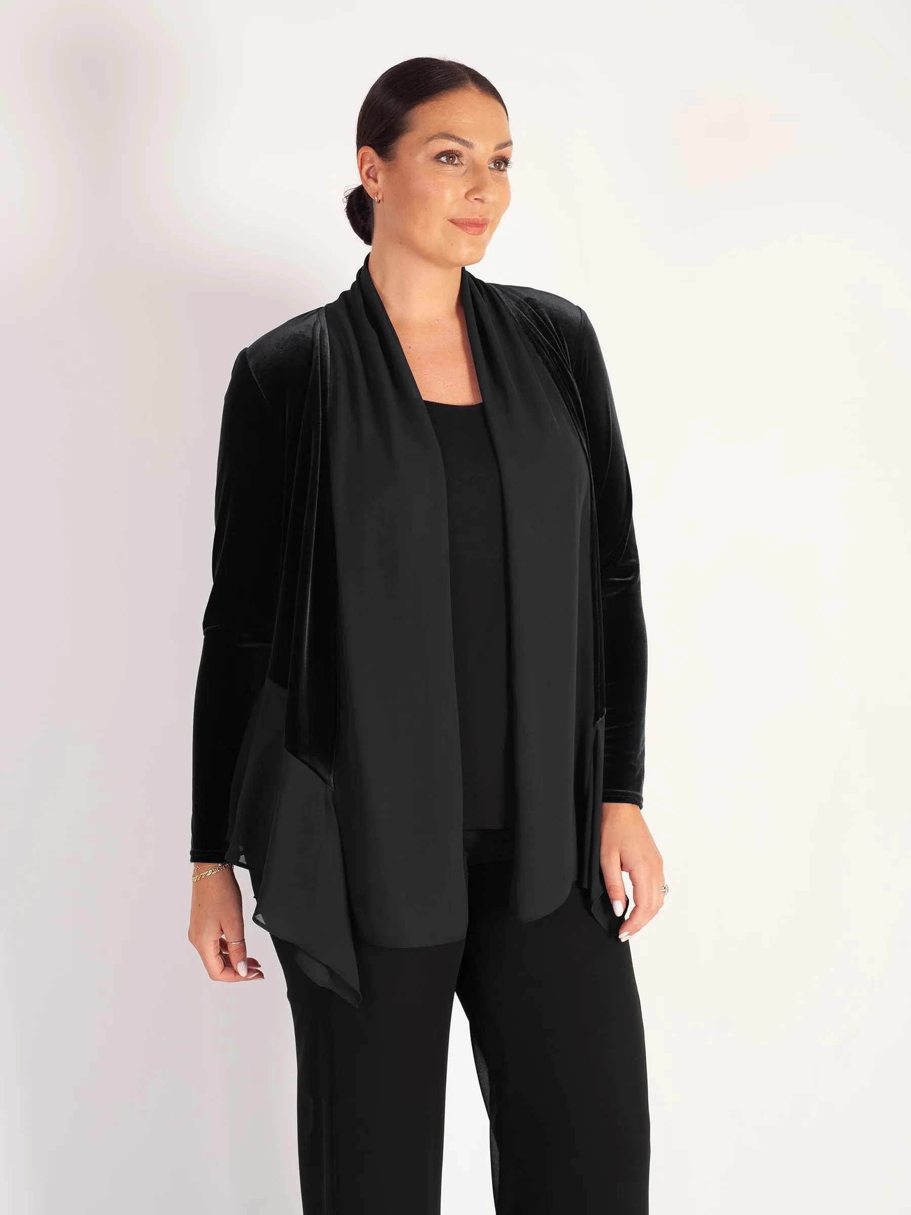 Black Stretch Velvet Shrug with Contrast Chiffon Trim