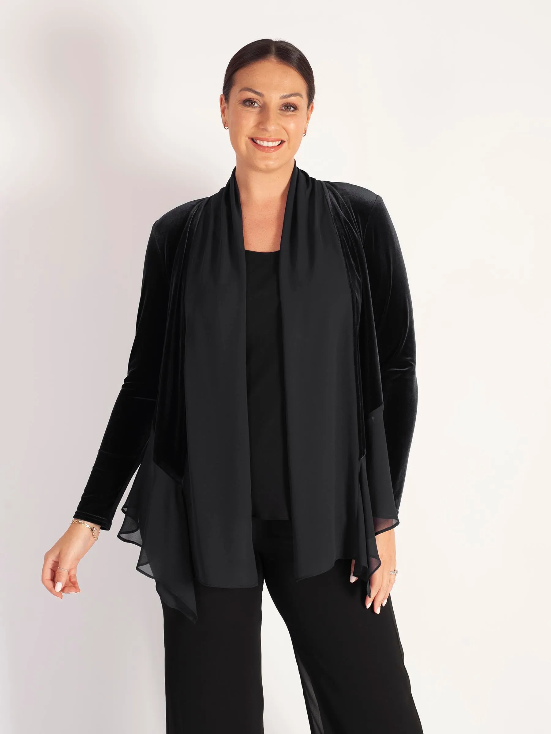 Black Stretch Velvet Shrug with Contrast Chiffon Trim