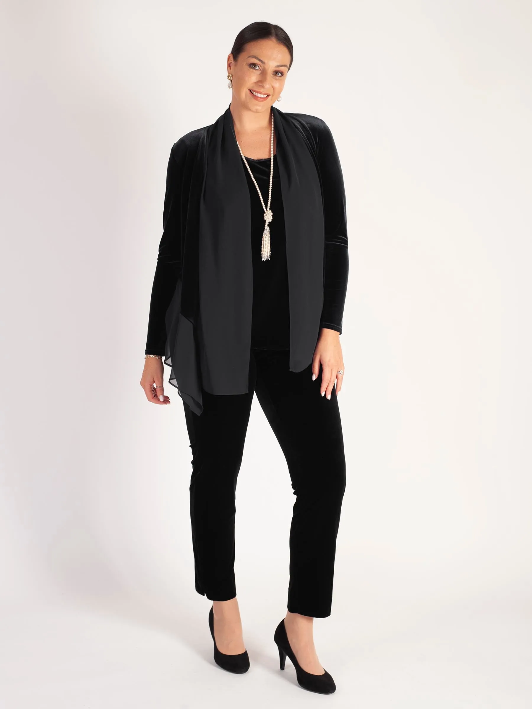 Black Stretch Velvet Shrug with Contrast Chiffon Trim