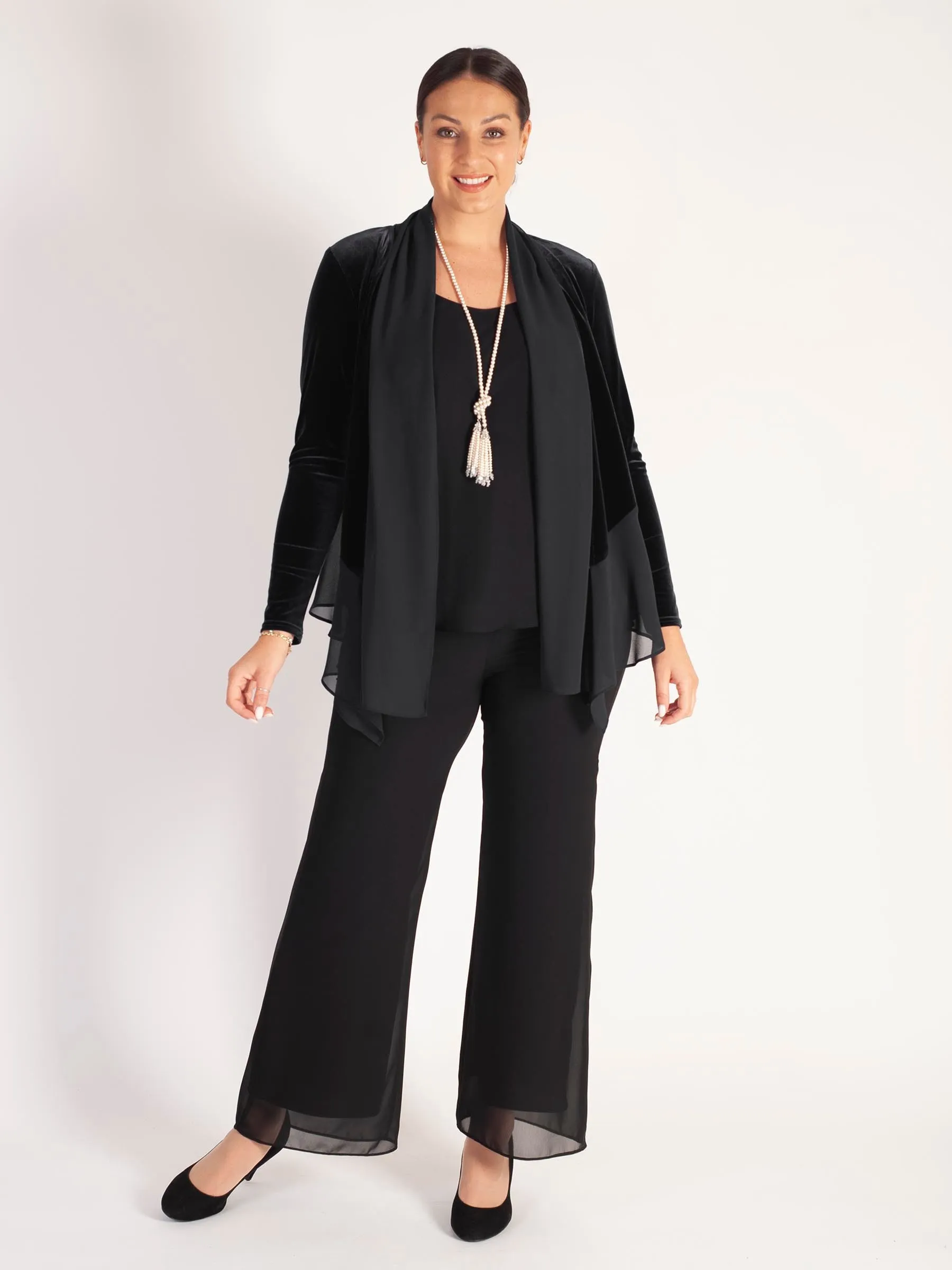 Black Stretch Velvet Shrug with Contrast Chiffon Trim