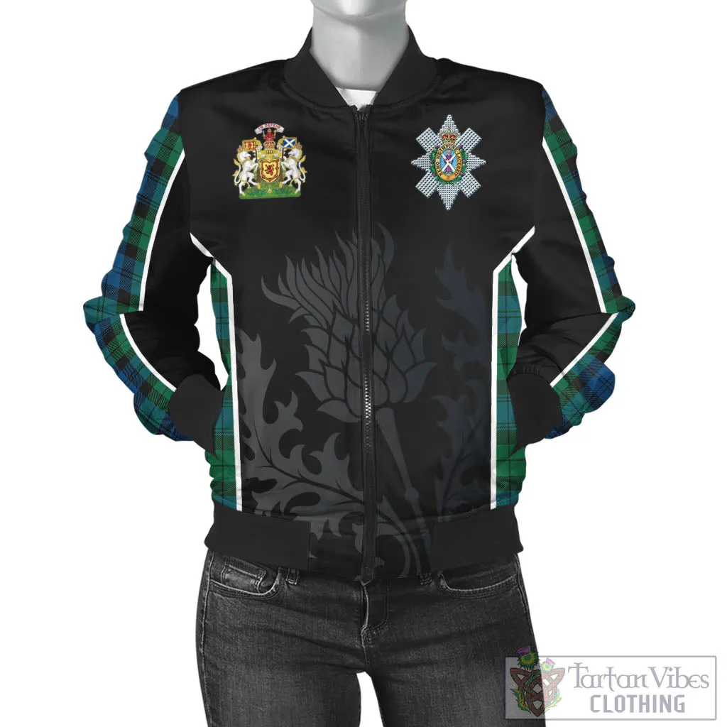 Black Watch Ancient Tartan Bomber Jacket with Family Crest and Scottish Thistle Vibes Sport Style