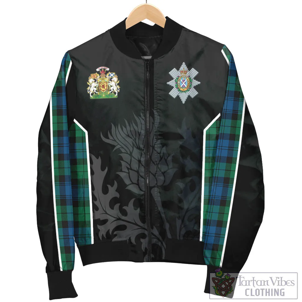 Black Watch Ancient Tartan Bomber Jacket with Family Crest and Scottish Thistle Vibes Sport Style