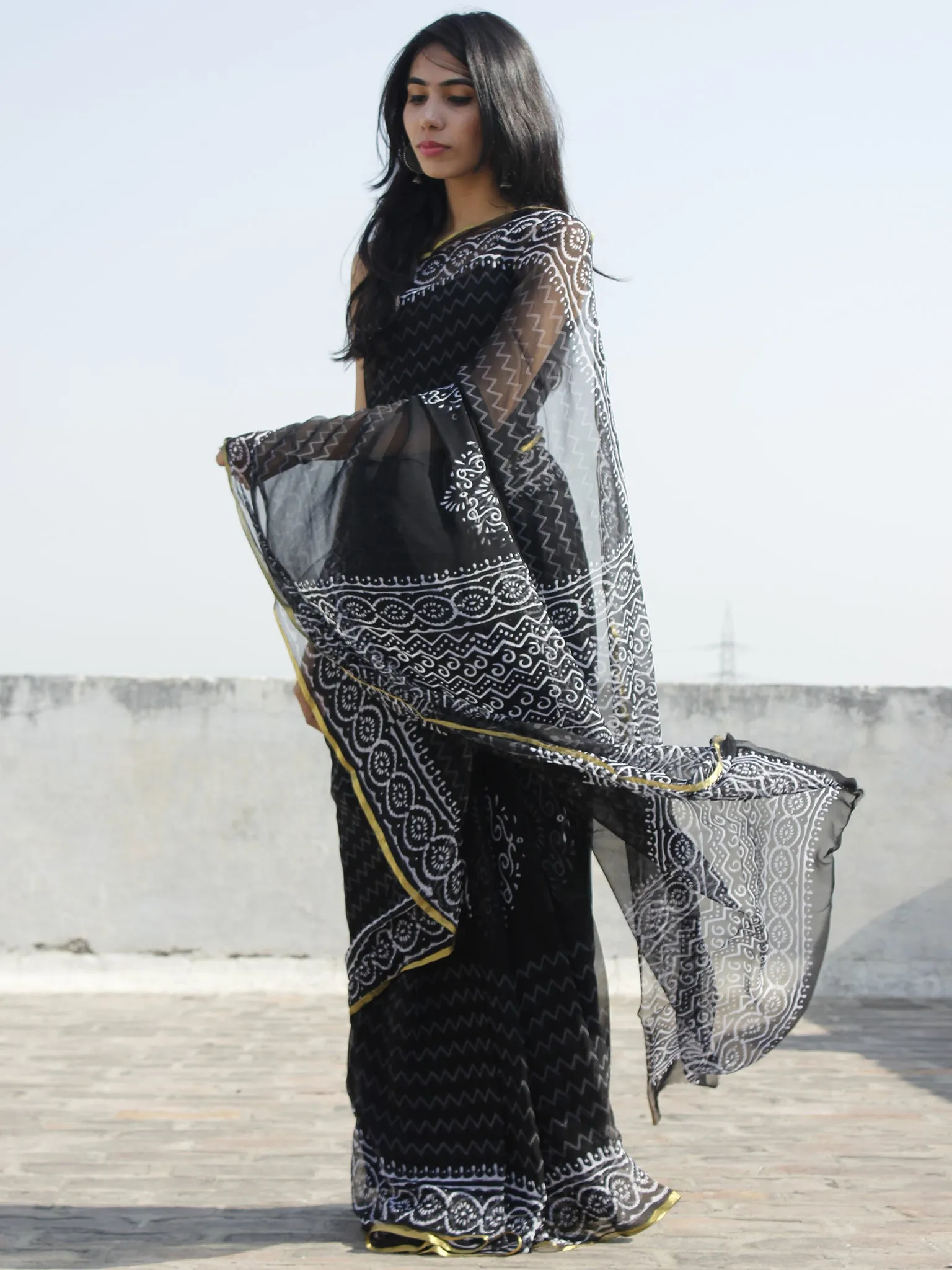 Black White Hand Block Printed Chiffon Saree - S031702316