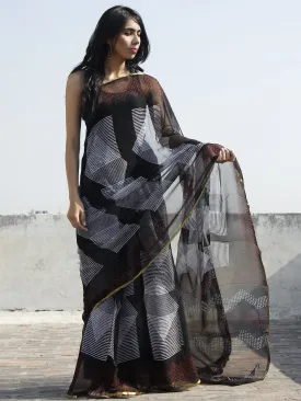 Black White Maroon Hand Block Printed Chiffon Saree - S031702320