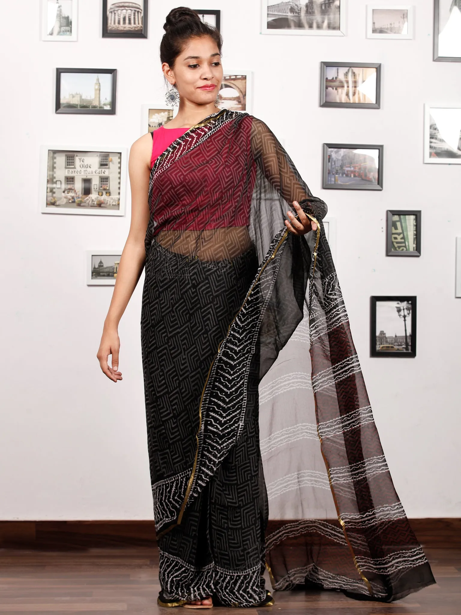 Black White Red Hand Block Printed Chiffon Saree with Zari Border - S031703169