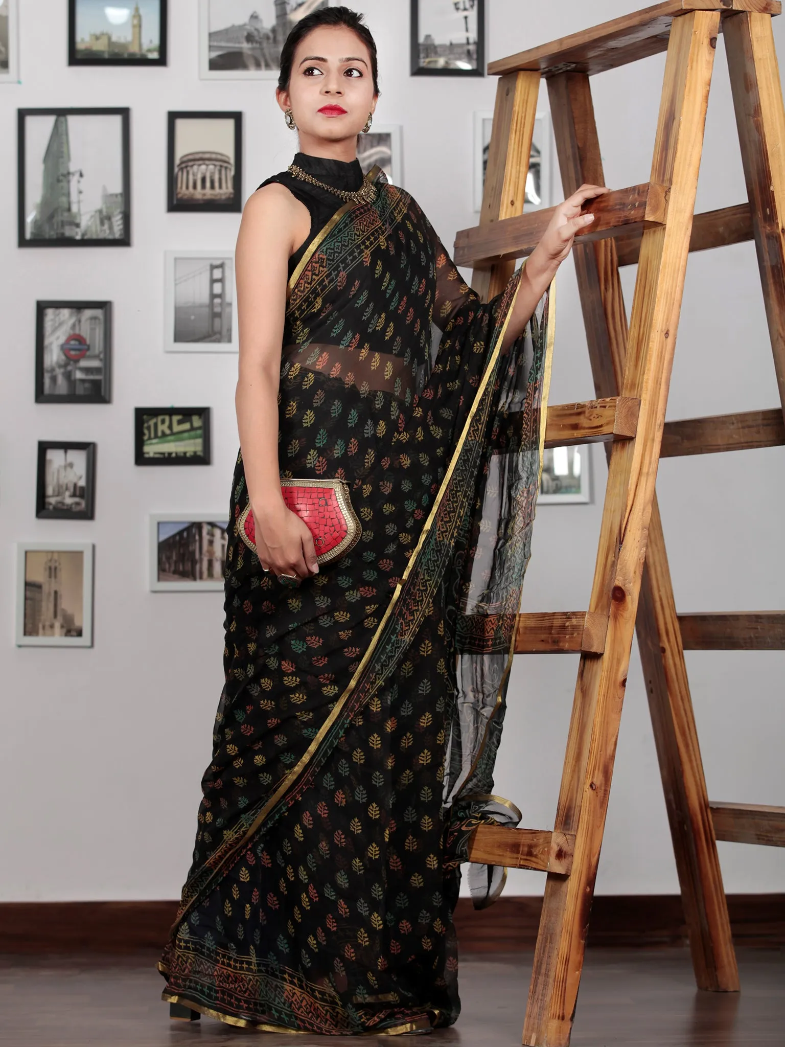 Black Yellow Green Rust Hand Block Printed Chiffon Saree with Zari Border - S031702768