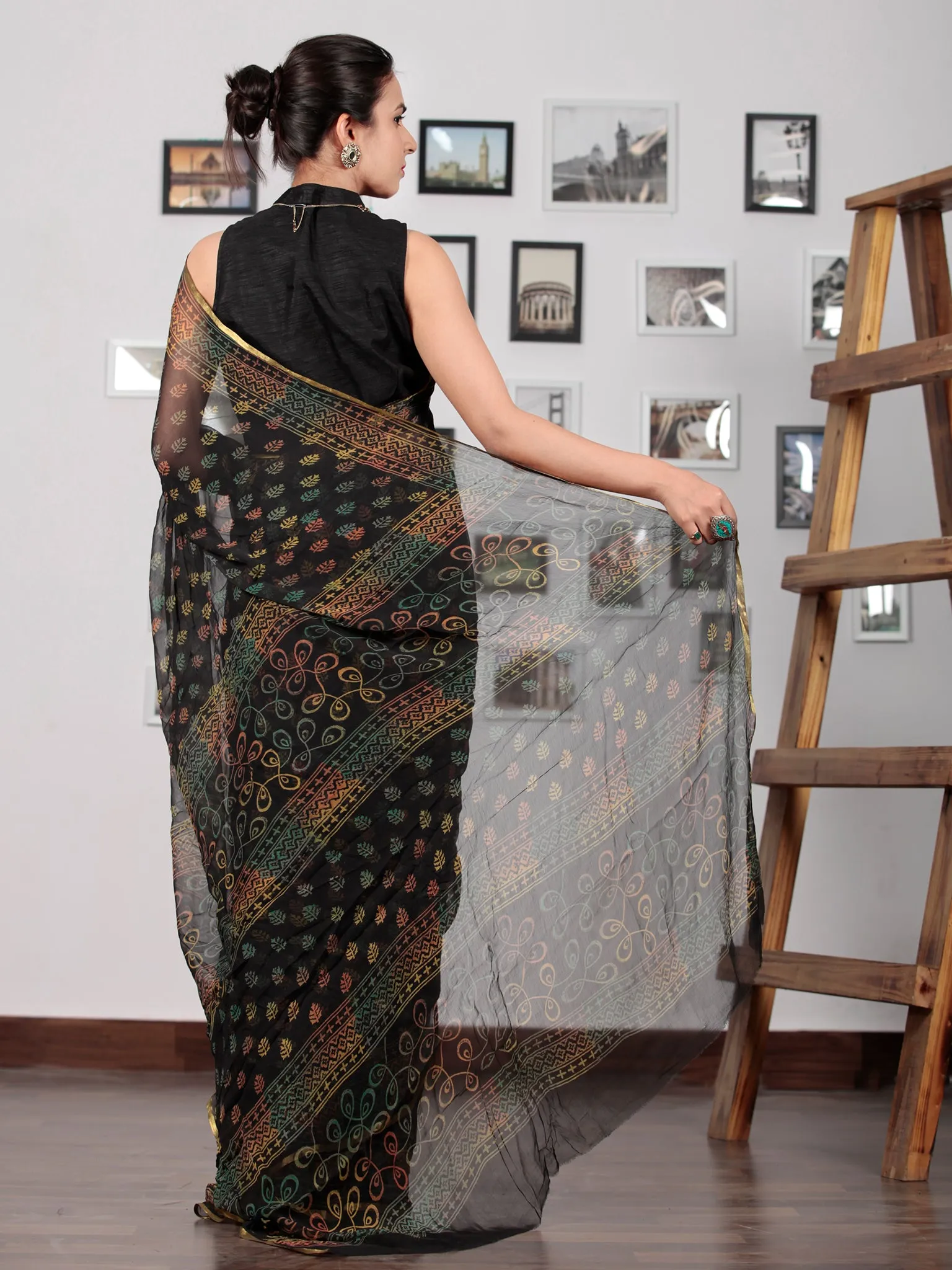 Black Yellow Green Rust Hand Block Printed Chiffon Saree with Zari Border - S031702768