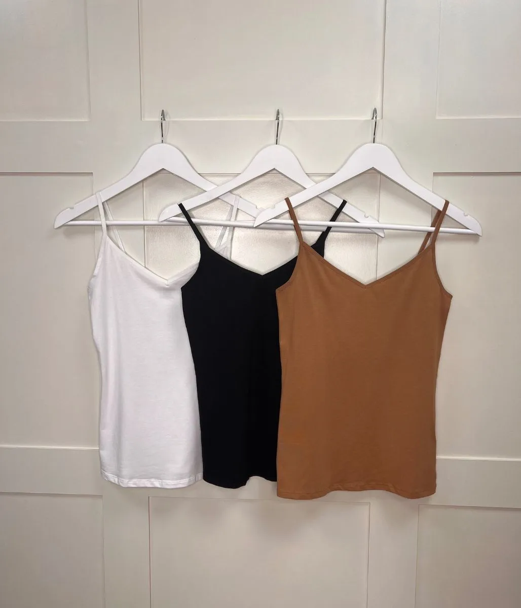 Black/Caramel/White 3 Pack Cotton Rich Strappy Vests