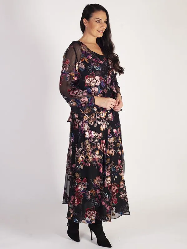 Black/Multi Floral Silk Devoree Frill Trim Shrug