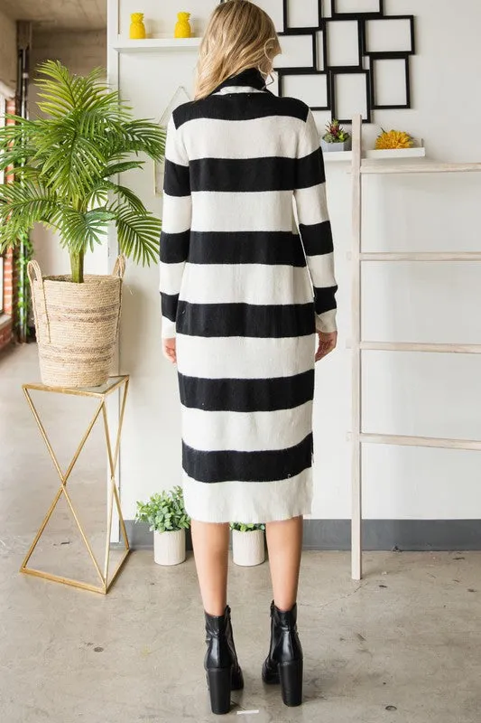 Black/White Wide Striped Turtleneck Sweater Dress