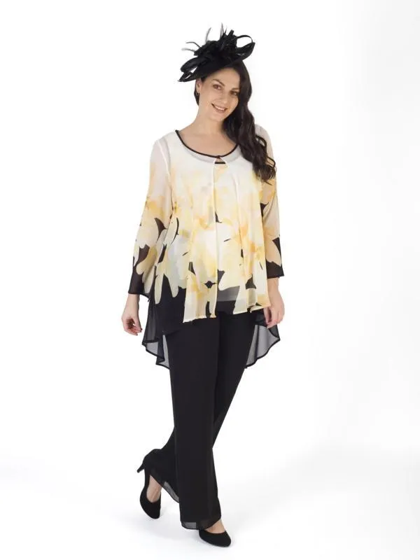 Blk/Yellow/Ivory Garland Print Chiffon Coat