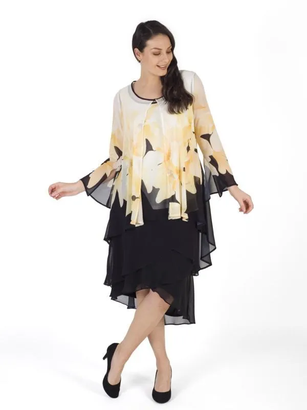 Blk/Yellow/Ivory Garland Print Chiffon Coat