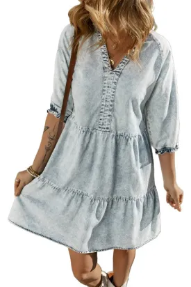 Blue Acid Wash Patchwork Denim Fit & Flare Midi Dress for Women - Retro Style