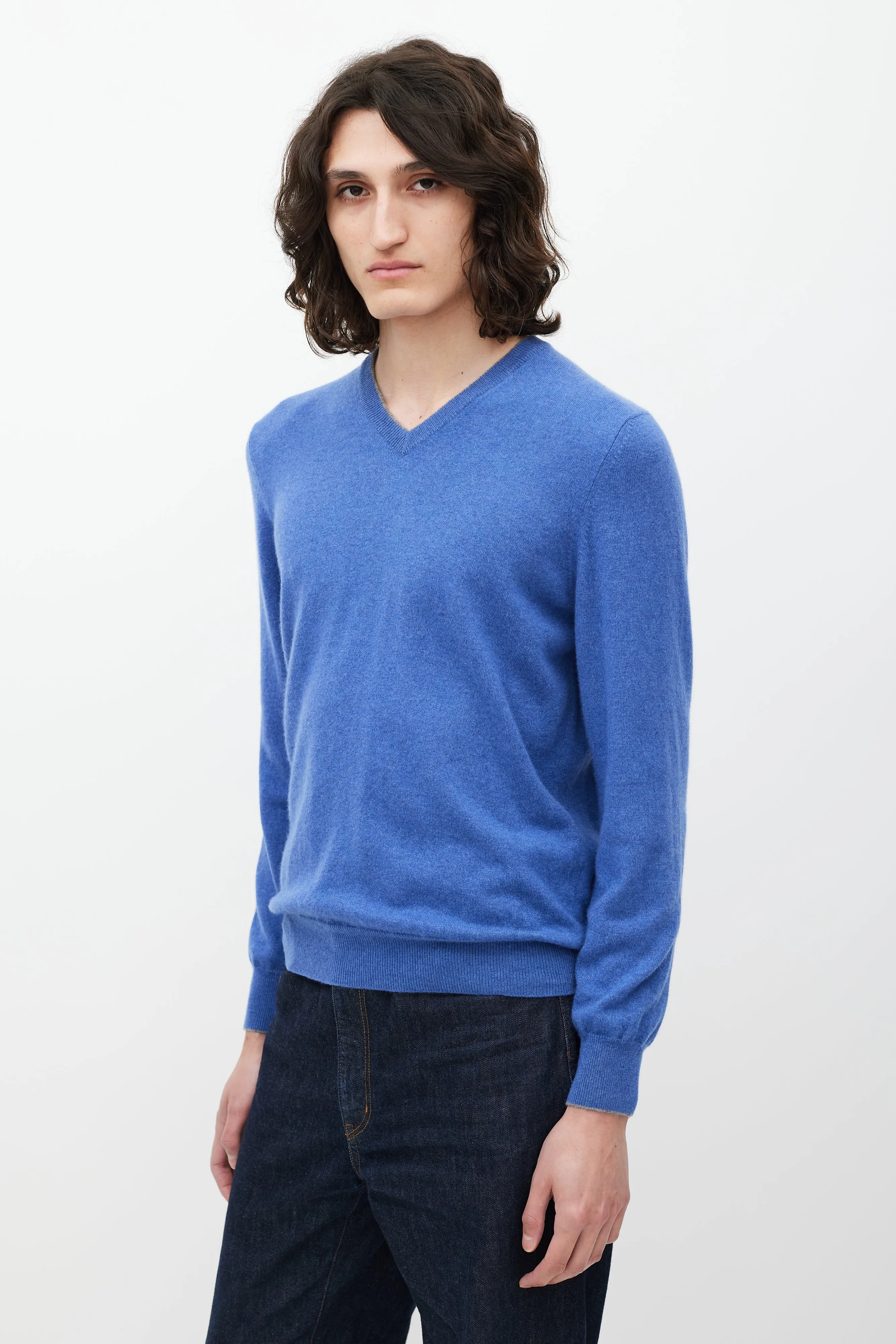 Blue Cashmere V-Neck Sweater