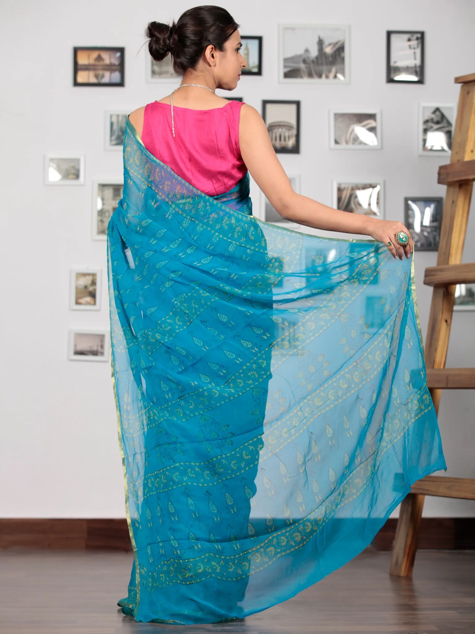 Blue Green Hand Block Printed Chiffon Saree with Zari Border - S031702756