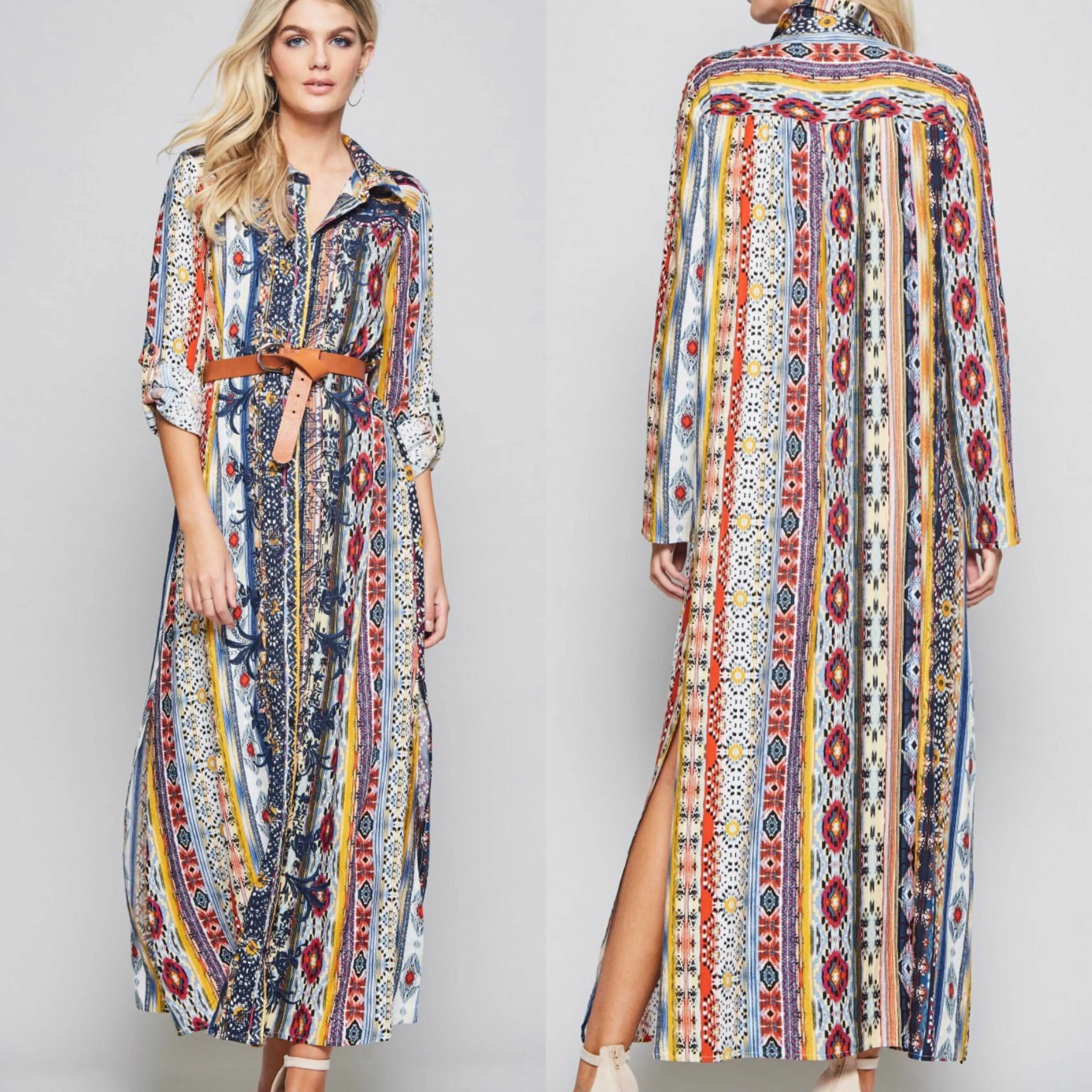 Boho Embroidered Candy Stripe Maxi Duster