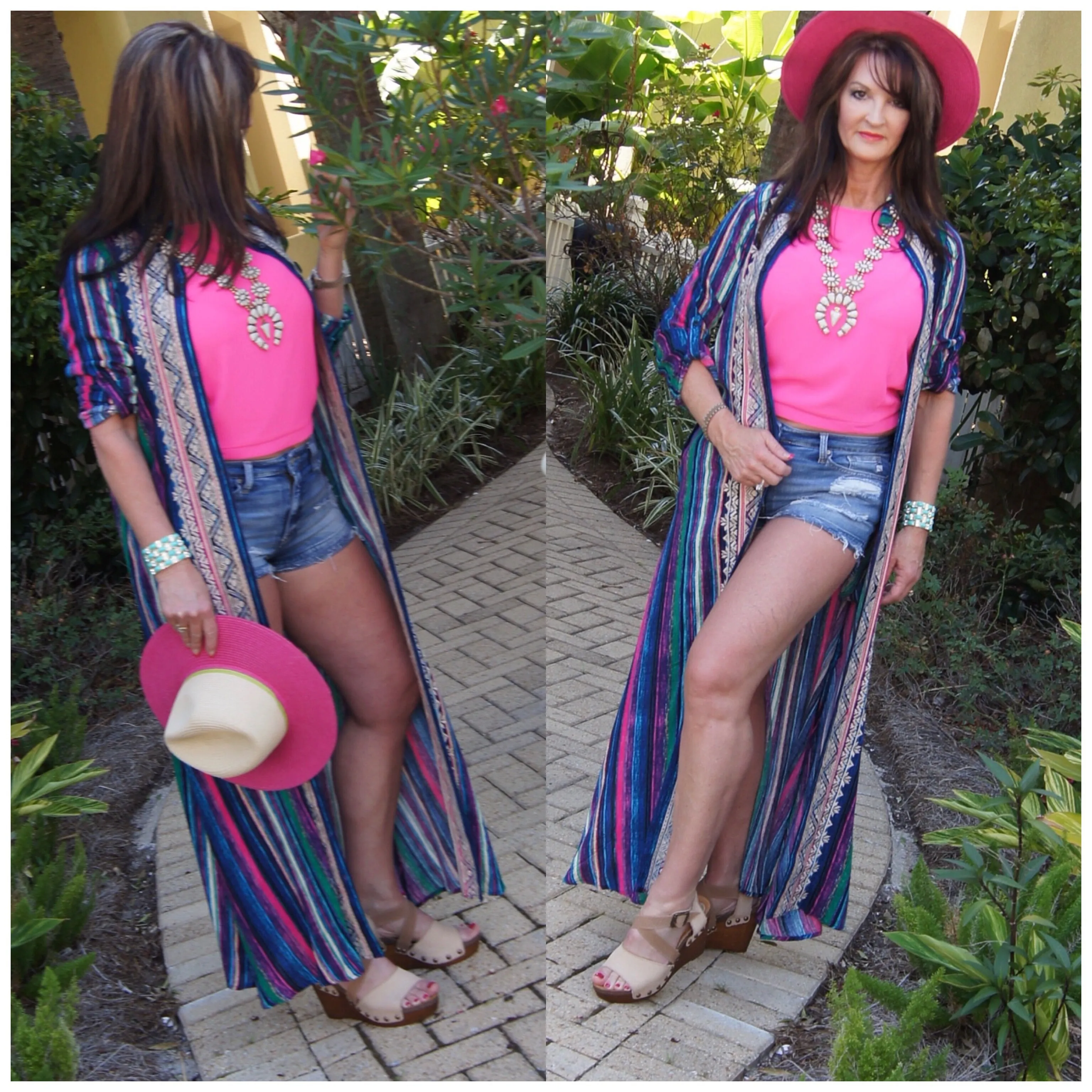 Boho Embroidered Candy Stripe Maxi Duster