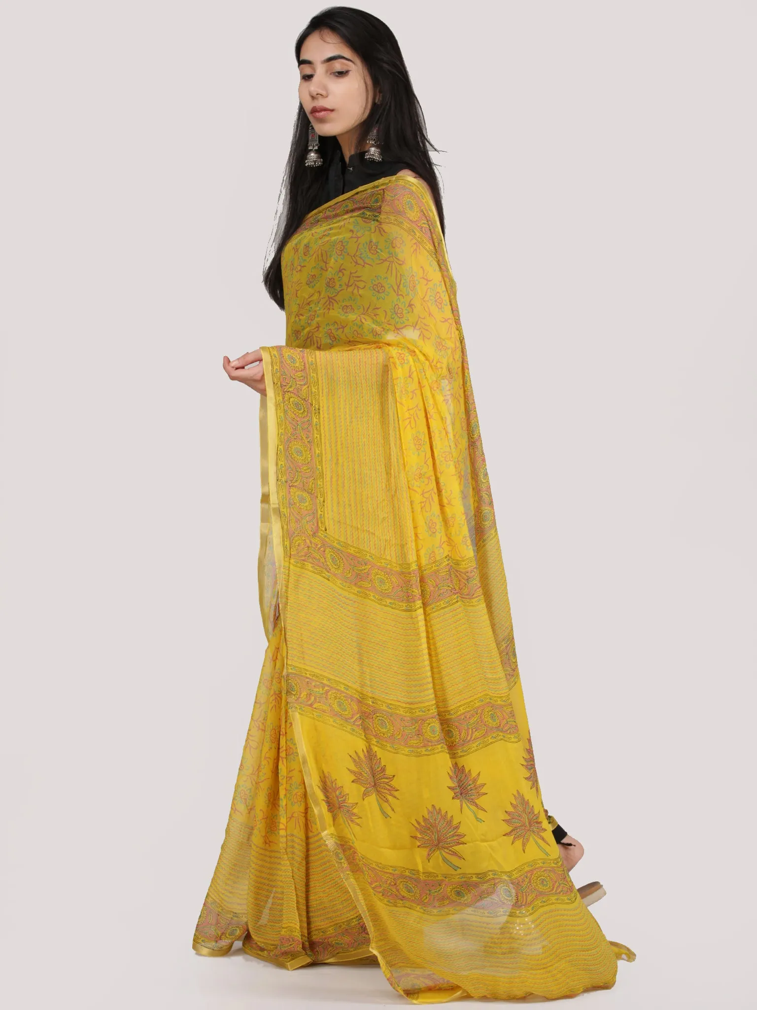 Bright Yellow Green Hand Block Printed Chiffon Saree With Zari Border - S031704708