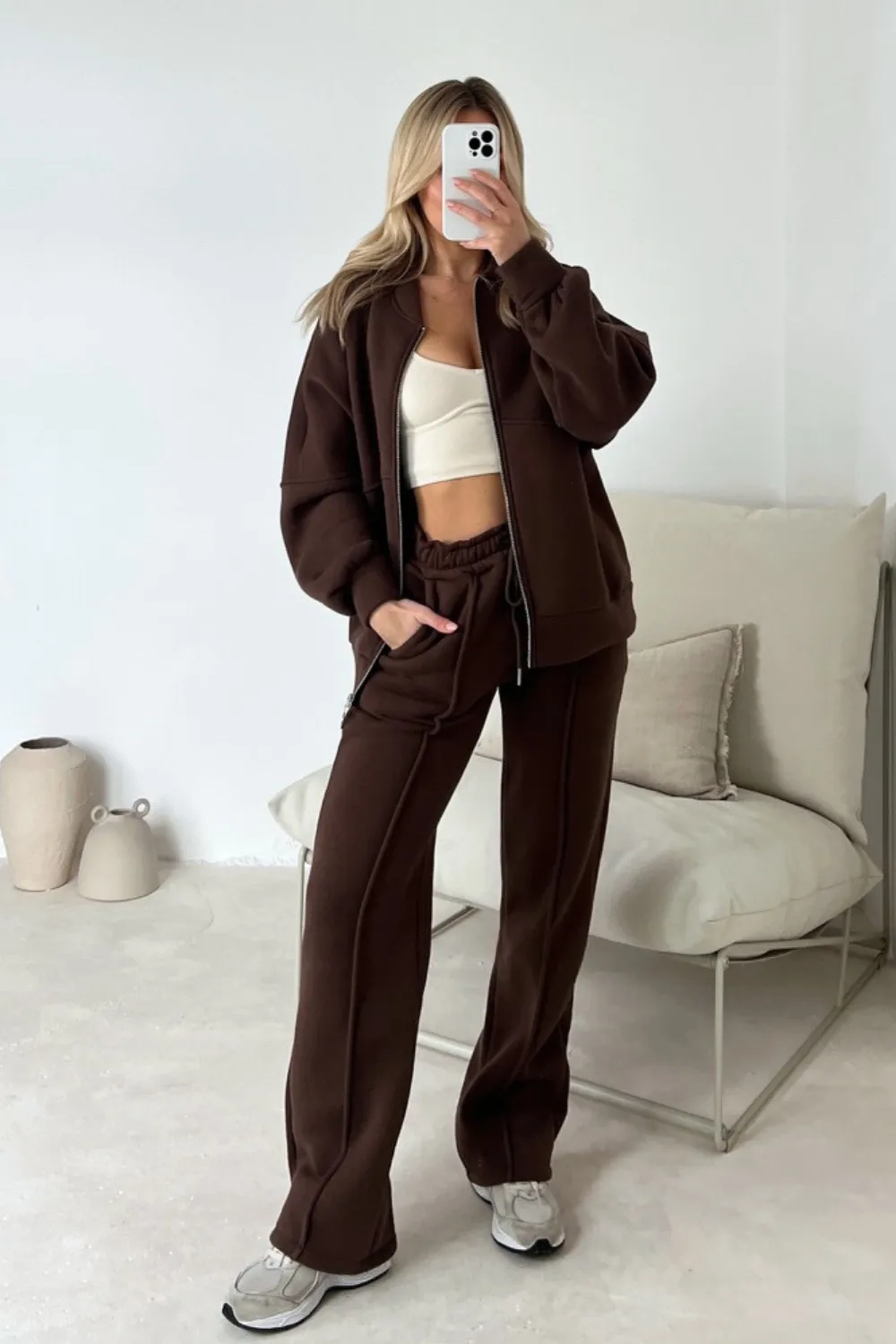 Camille chocolate bomber jacket and straight leg jogger loungewear