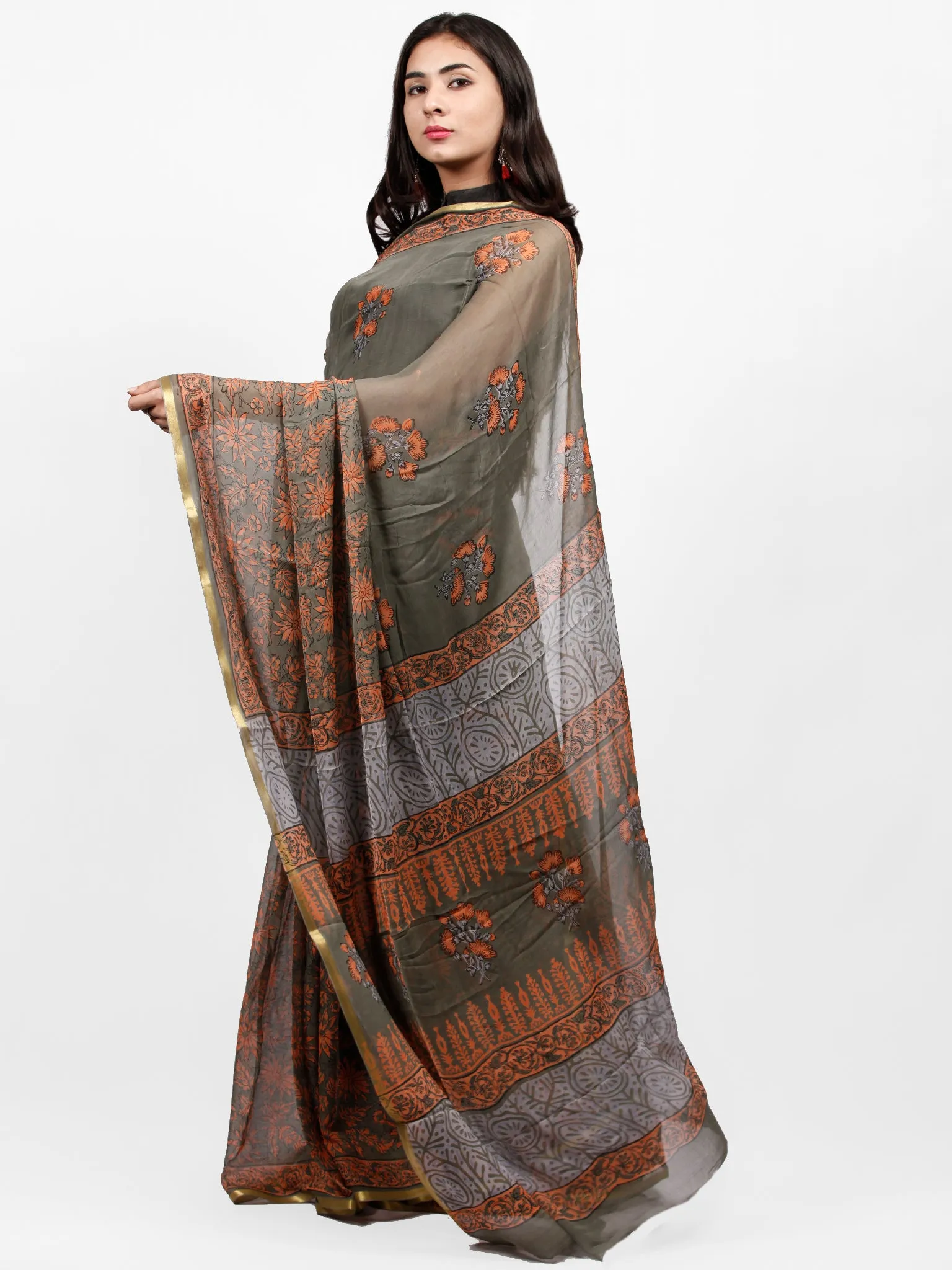 Charcoal Grey Coral Hand Block Printed Chiffon Saree with Zari Border - S031703246