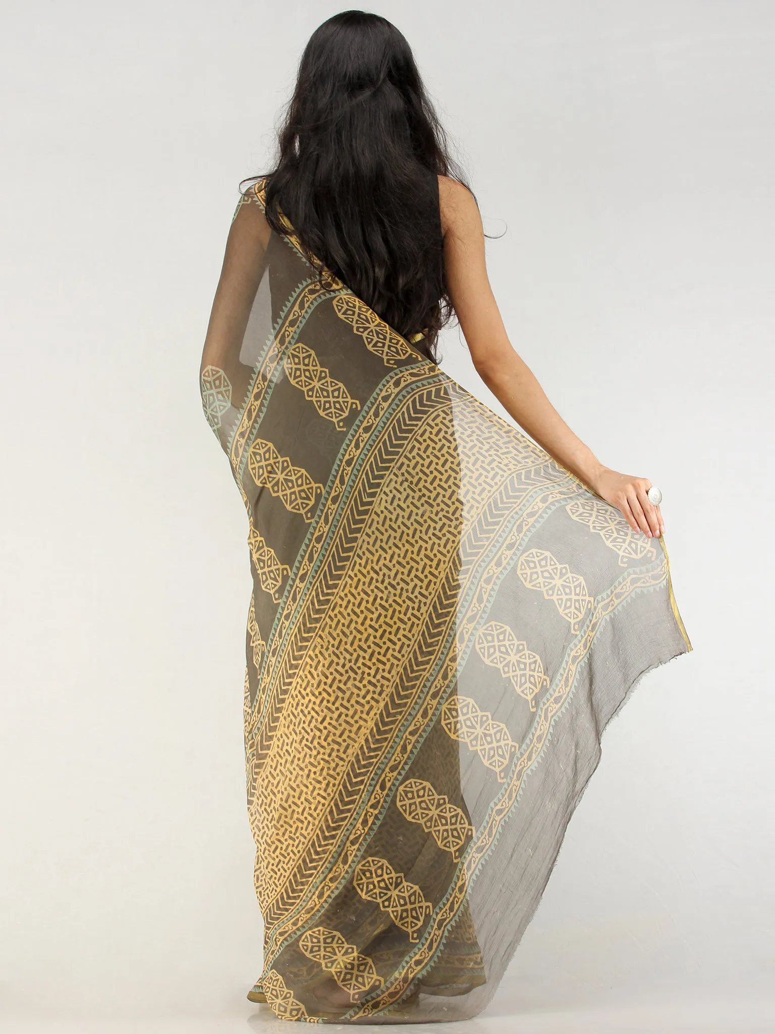 Charcoal Mustard Hand Block Printed Chiffon Saree with Zari Border - S031704558