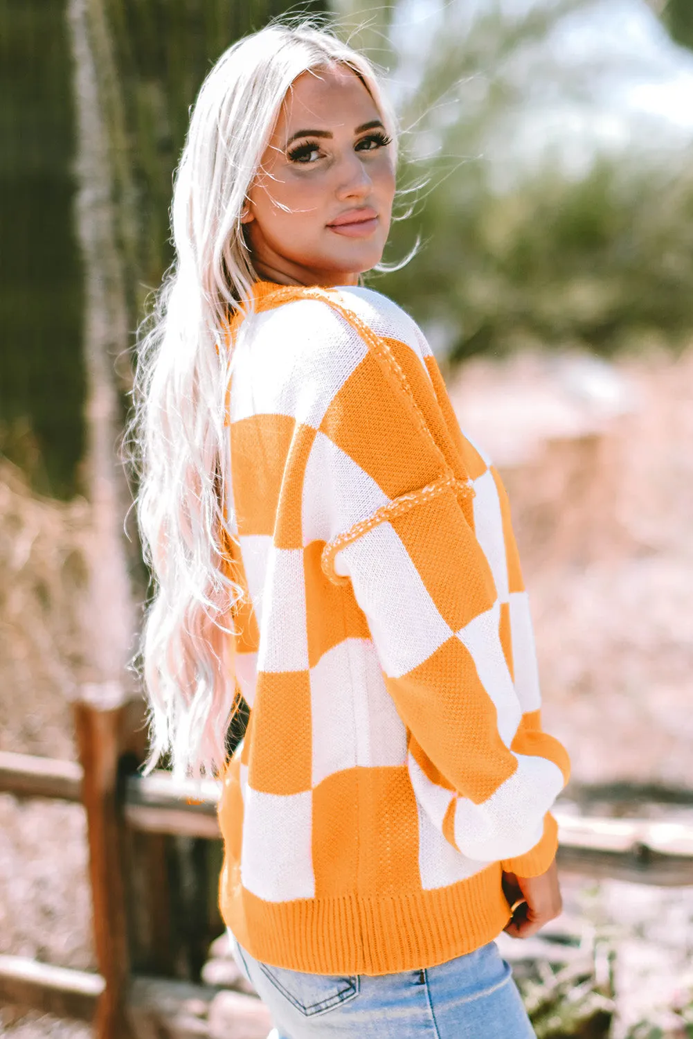 Checkered Bishop Sleeve Sweater 100% Acrylic