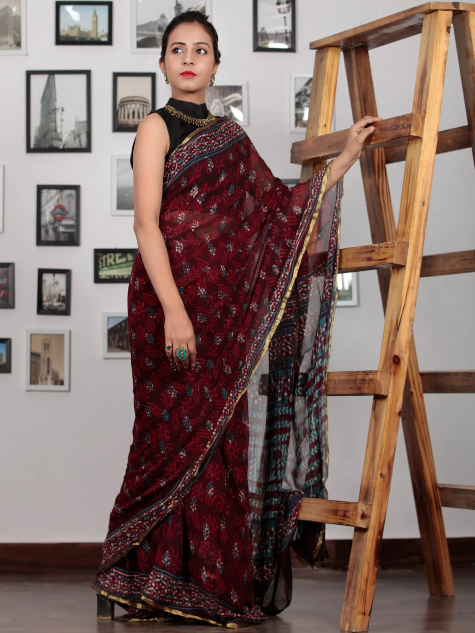 Cherry Red Blue Ivory Hand Block Printed Chiffon Saree with Zari Border - S031702772