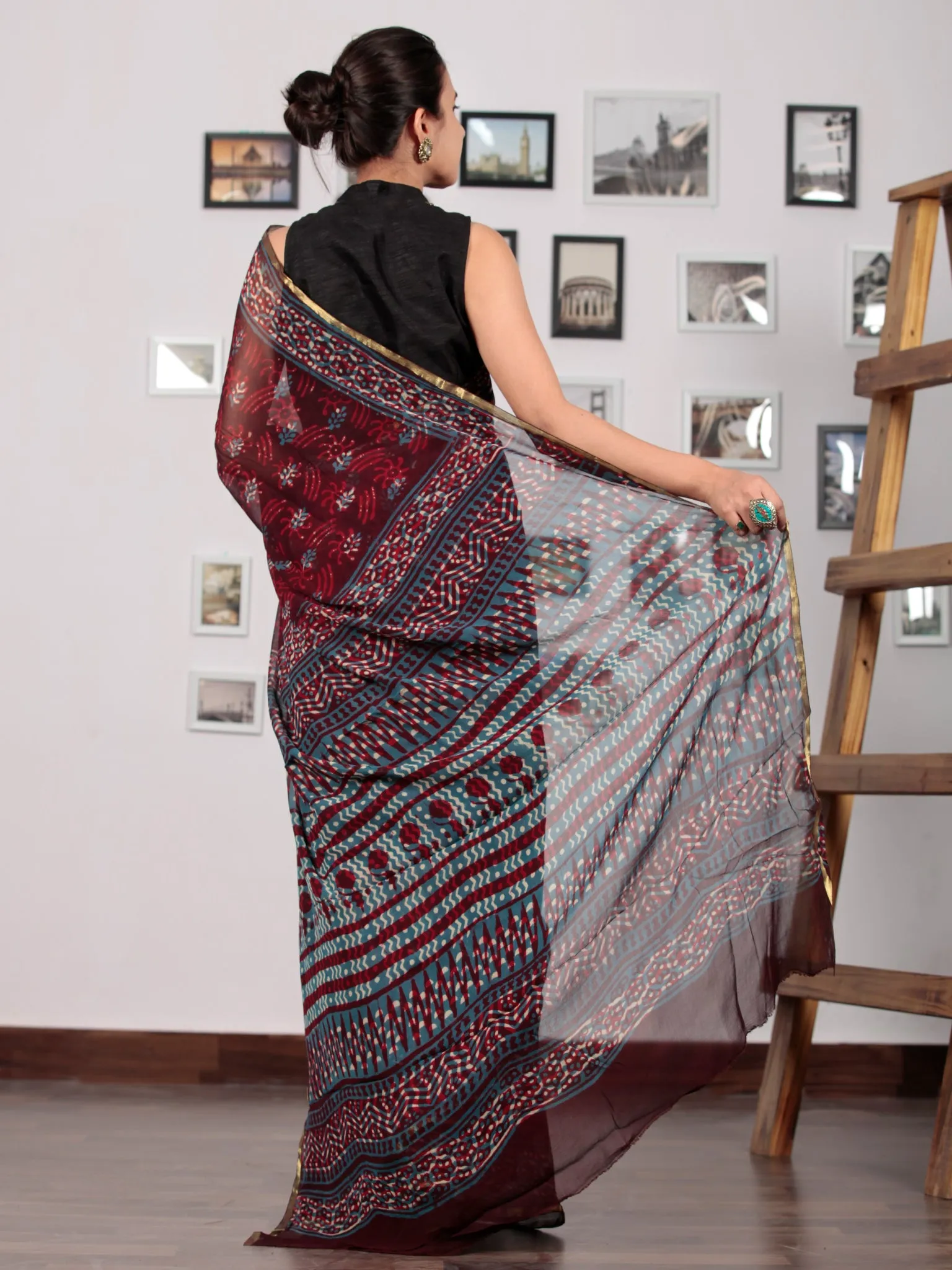 Cherry Red Blue Ivory Hand Block Printed Chiffon Saree with Zari Border - S031702772