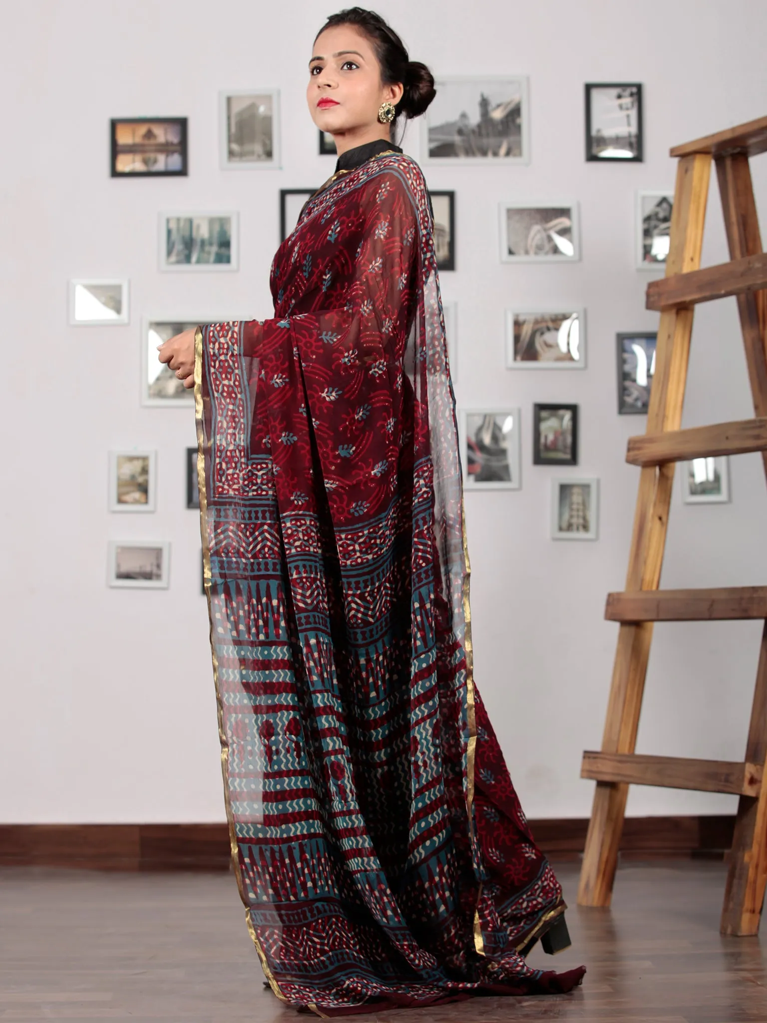 Cherry Red Blue Ivory Hand Block Printed Chiffon Saree with Zari Border - S031702772