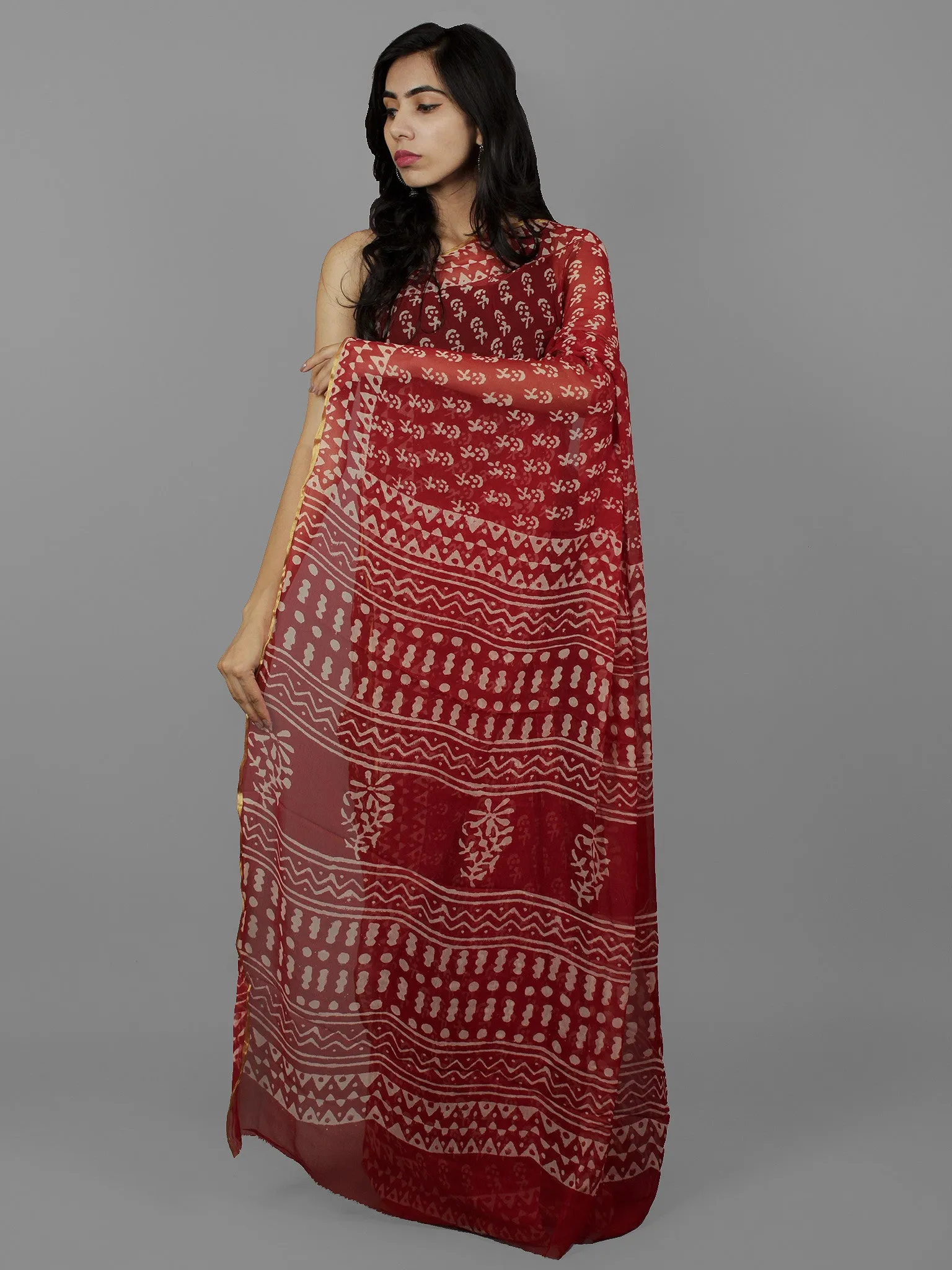 Cherry Red Ivory Hand Block Printed Chiffon Saree - S031702073